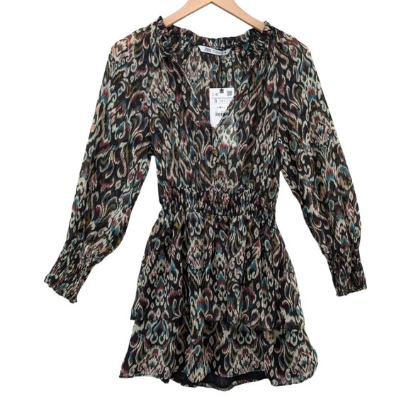 Zara Tiered Mini Dress Multicolor Long Sleeve Smocked Pleated Ruffle Size S - Picture 1 of 12